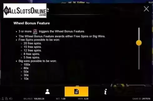 Wheel Bonus features screen