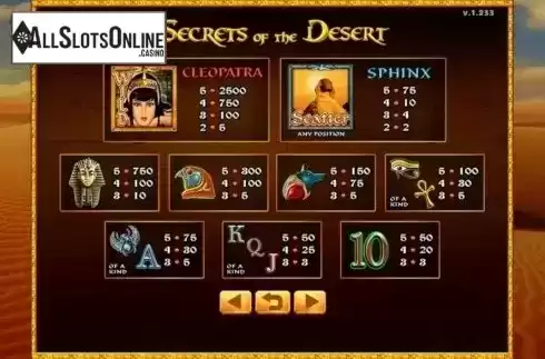Paytable. Secrets of the Desert from GMW