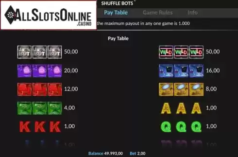 Paytable. Shuffle Bots Pull Tab from Realistic