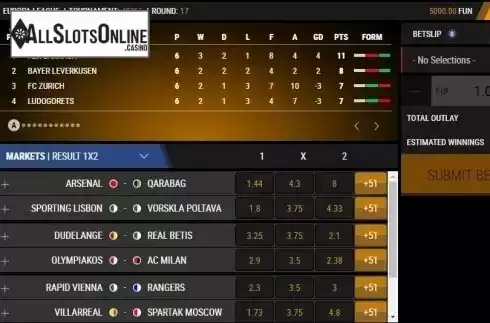 Game Screen. Virtual Europa League from 1X2gaming