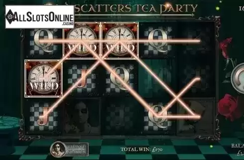 Win screen. Mad Scatters Tea Party from Slingo Originals
