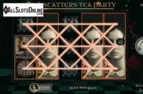 Alice win screen. Mad Scatters Tea Party from Slingo Originals