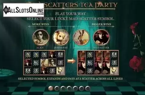 Paytable. Mad Scatters Tea Party from Slingo Originals