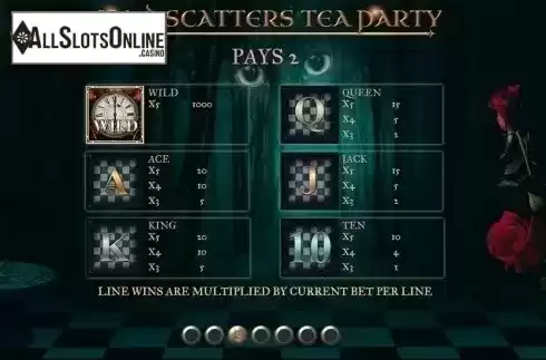 Paytable 3. Mad Scatters Tea Party from Slingo Originals