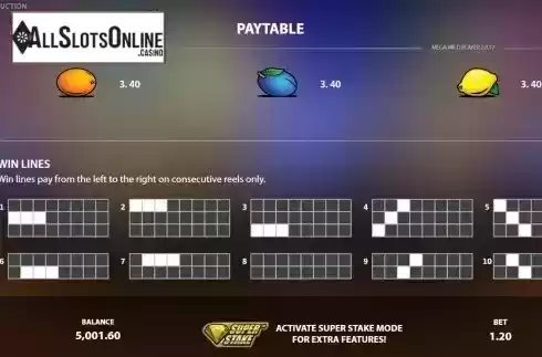 Paytable / PayLines screen
