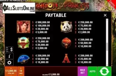 Paytable. Dragon of the Princess from Gamomat