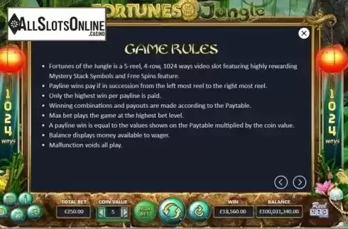 Paytable 1. Fortunes of the Jungle from ReelNRG