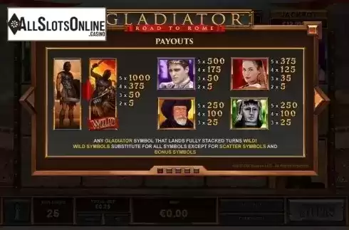Paytable 1. Gladiator Road to Rome from Playtech