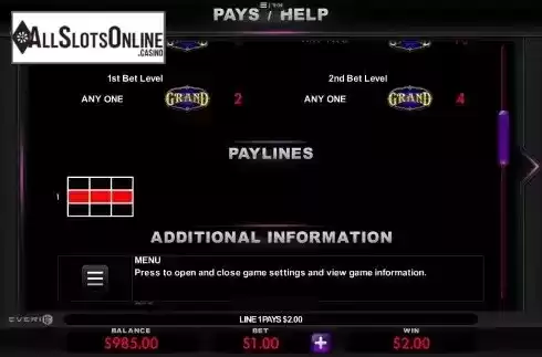 Paytable and paylines screen