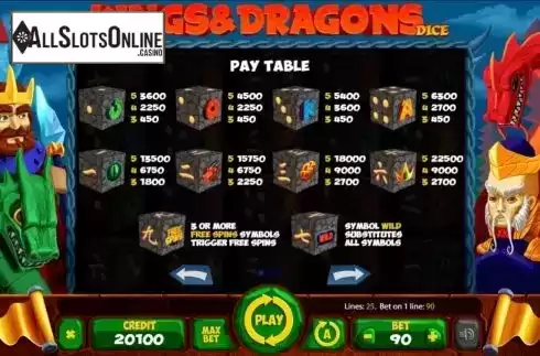 Paytable screen. Kings and Dragons Dice from Mancala Gaming