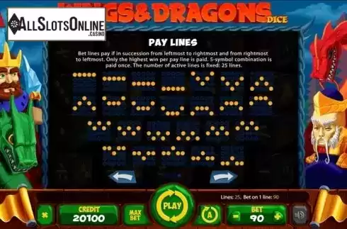 Paylines screen. Kings and Dragons Dice from Mancala Gaming