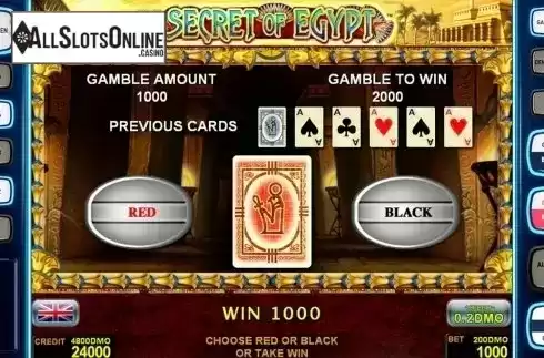 Gamble game screen. Secret Of Egypt Deluxe from Novomatic