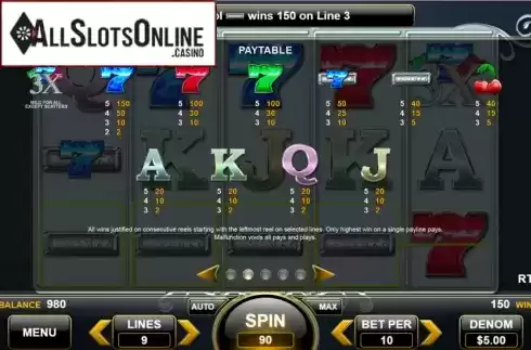 Paytable. Triple Sapphire Sevens from Spin Games