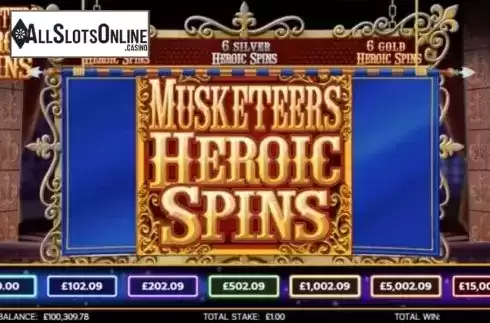 Mega Symbols Feature. Musketeers Heroic Spins from CORE Gaming