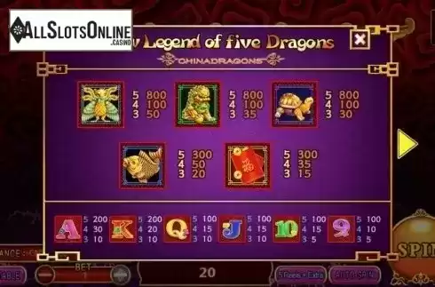 Paytable. New Legend of 5 Dragons from Aiwin Games
