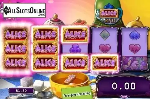 Free Spins screen. Alice & The Mad Tea Party from WMS