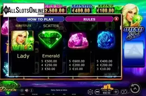 Paytable. Emerald Dream Quad Shot from Ainsworth