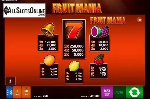 Paytable 1. Fruit Mania (Bally Wulff) from Gamomat