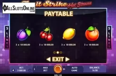 Paytable 2. Fruit Strike: Hot Staxxx from Bet2Tech