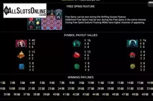 FS feature, paytable and paylines screen