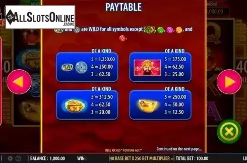 Paytable. Reel Riches Fortune Age from WMS