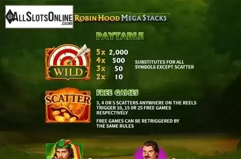 Paytable . Robin Hood Mega Stacks from Skywind Group