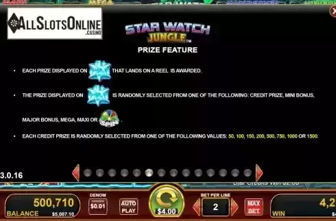 Prize feature screen