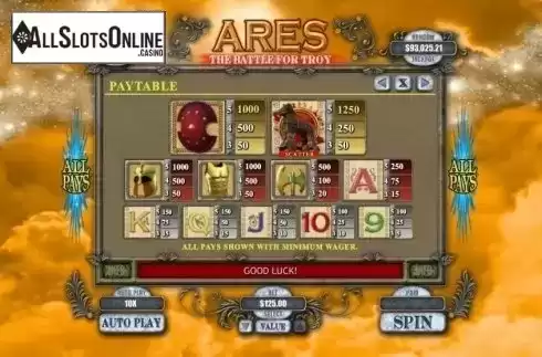 Paytable. Ares the Battle for Troy from RTG