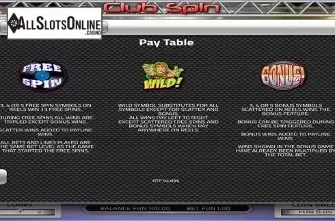 Paytable 2. Club Spin (Concept Gaming) from Concept Gaming
