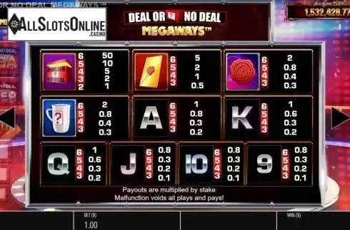 Paytable. Deal or No Deal Megaways from Blueprint