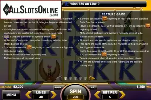 Features. Egyptian Gods (Spin Games) from Spin Games