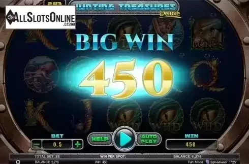 Big win screen. Hunting Treasures Deluxe from Spinomenal