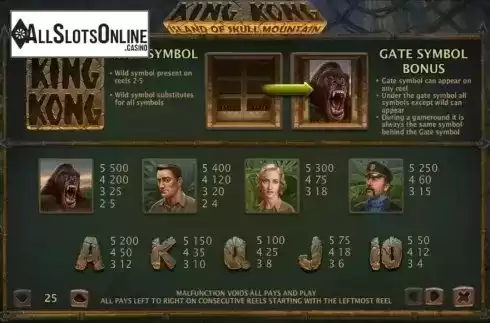 Paytable 1. King Kong: Island of Skull Mountain from NYX Gaming Group