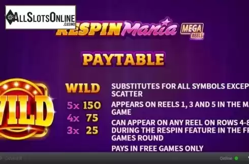 Paytable 1. Respin Mania Mega Reels from Skywind Group