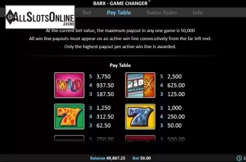 Paytable screen. Super Bar-X Game Changer from Realistic