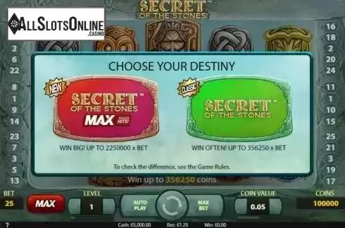 Start Screen. Secret of the Stones MAX from NetEnt