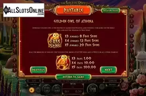 Paytable. The Golden Owl Of Athena from Betsoft