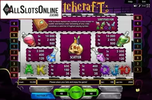 Paytable. Witchcraft (Platin Gaming) from Platin Gaming