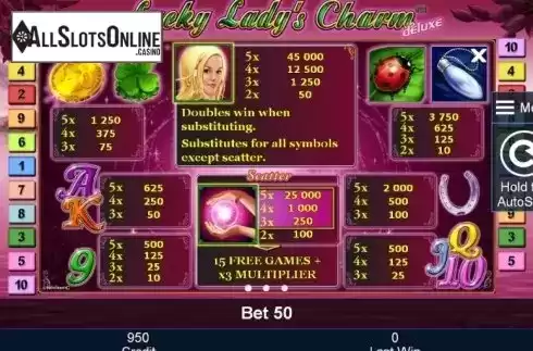 Paytable 1. Lucky Ladyʼs Charm deluxe from Greentube