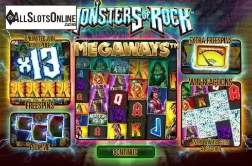 Start Screen. Monsters of Rock Megaways from Storm Gaming
