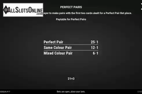 Perfect pairs paytable screen
