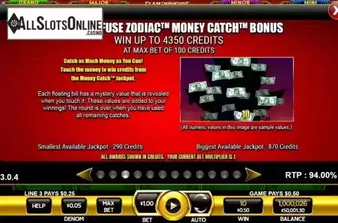 Money catch bonus screen