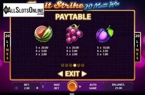 Paytable 2. Fruit Strike: 20 Multi Win from Bet2Tech