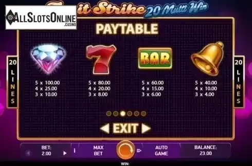 Paytable 1. Fruit Strike: 20 Multi Win from Bet2Tech