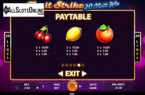 Paytable 3. Fruit Strike: 20 Multi Win from Bet2Tech