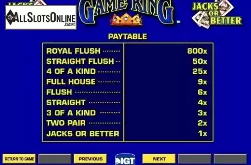 Paytable. Jacks or Better Game King from IGT