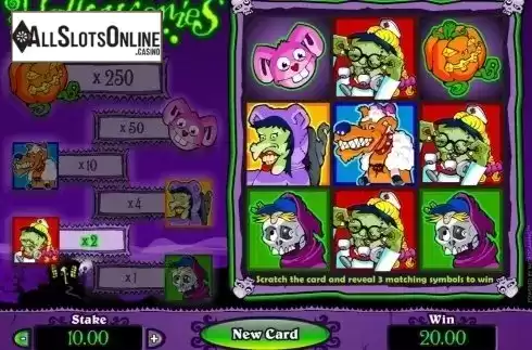 Game Screen. Halloweenies Scratch Card from Microgaming