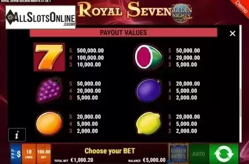Paytable 1. Royal Seven GDN from Gamomat