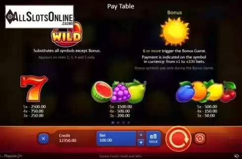 Paytable. Sunny Fruits: Hold and Win from Playson