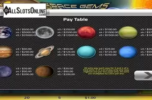 Paytable . Space Gems (Concept Gaming) from Concept Gaming